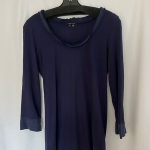 EUC Theory Navy Blue Scoop Neck Blouse. Ribbon Ruffle Trim. Sz S. 3/4 Sleeves.